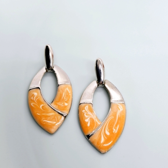 Vintage Silver Tone Orange ? Cream Color Enamel Earrings - Picture 1 of 16